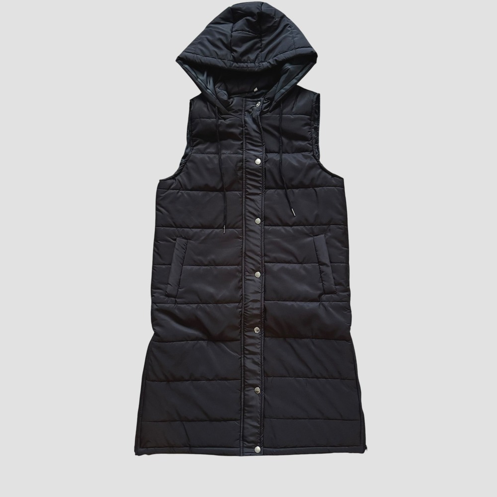 Womens Black Longline Hooded Puffer Vest Quilted Sleeveless M Padded Jacket NWOT